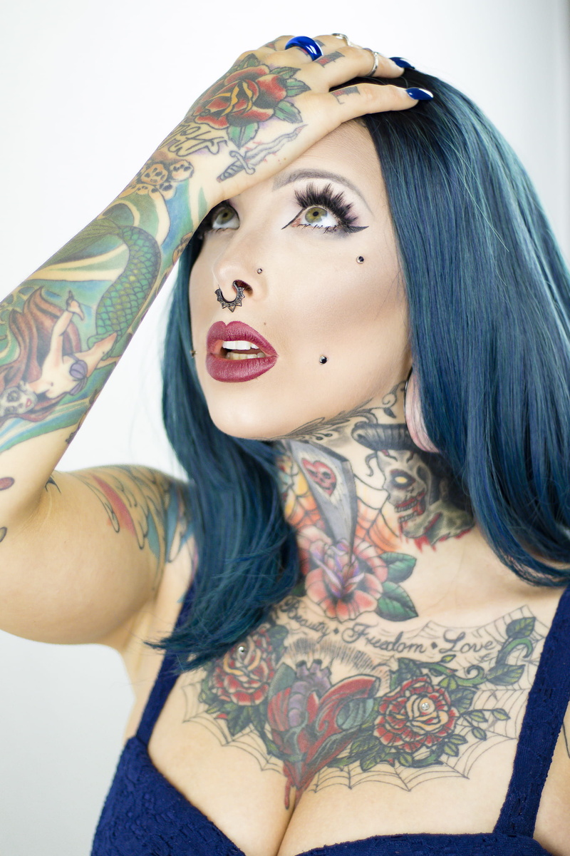 front view, body art, beautiful, looking at camera, fashion, model, red lips, nose piercing, adult, tattoos, nose, photo, young adult, young, eyes, blue hair