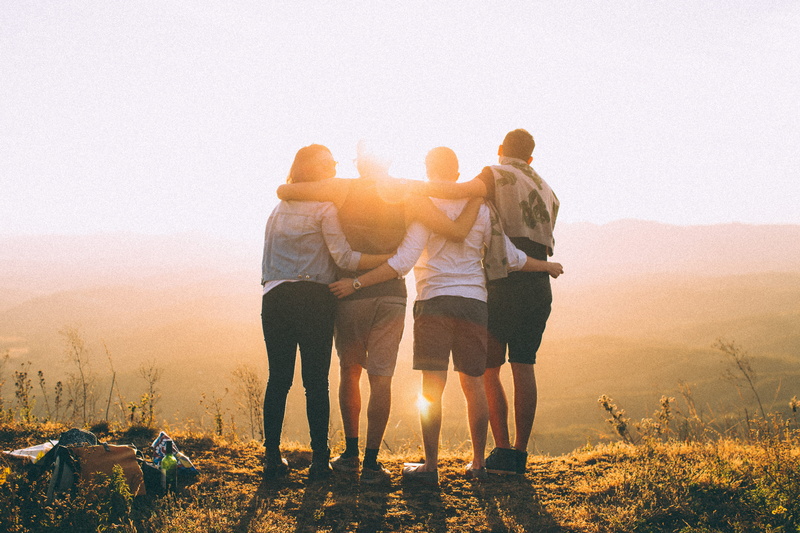 mountains, friendship, backlit, leisure activity, sunset, lifestyles, land, outdoors, sun, teenager, grass, dawn, foggy, child, adolescence, sky, emotion