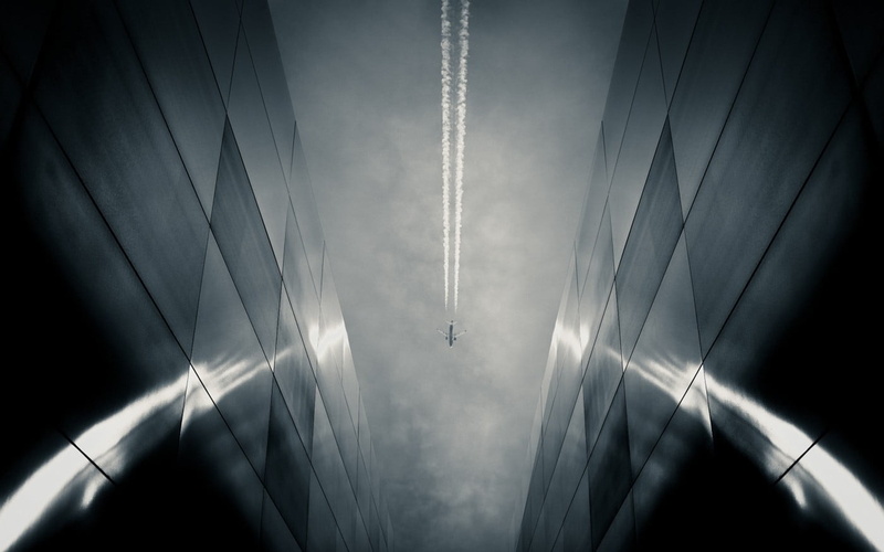 monochrome, 720P, photo, mystery, abstract, low angle view, dark, night, symmetry, absence, landscape, airplane, transportation, grayscale, city, fighter