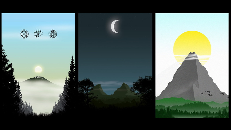 yellow, 1080P, building exterior, outdoors, silhouette, transparent, Sun, no people, digital composite, mist, architecture, pine trees, dusk, drawing