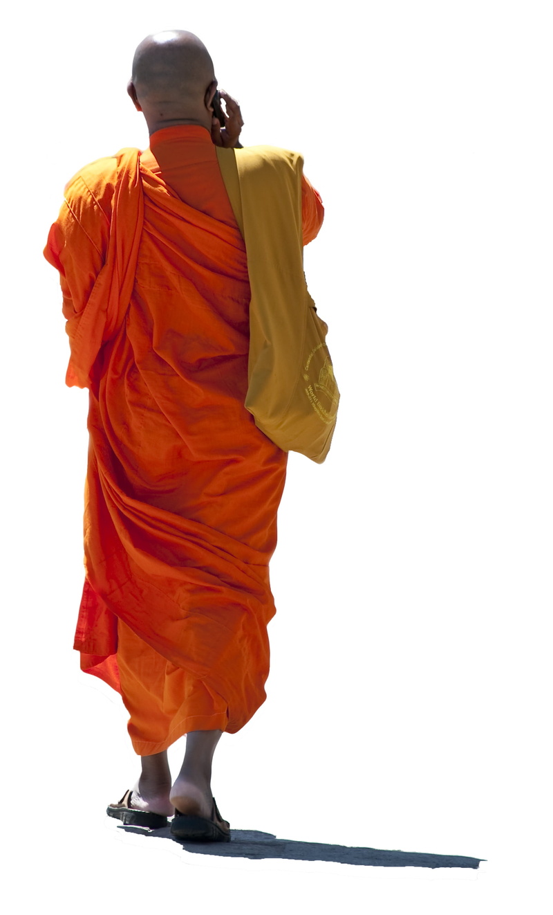 adult, standing, monk, close, white background, nature, copy space, studio shot, full length, people, close up, buddhist monk, indoors, tunic, person on the phone