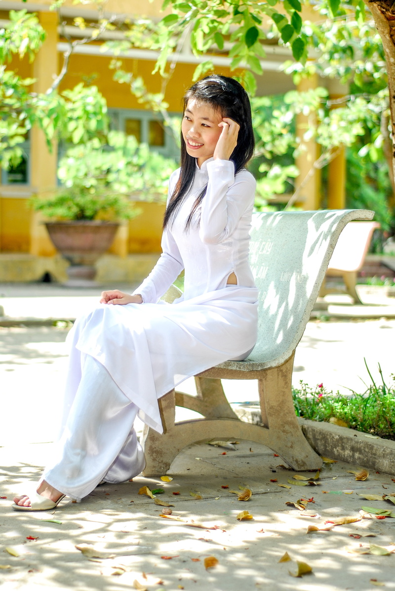 casual clothing, one Person, hairstyle, cheerful, tunic, white, schools, beautiful woman, one Woman Only, plant, vietnam, sitting, young women, side view