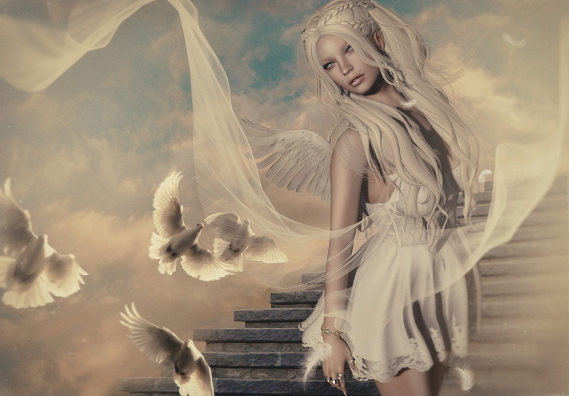 fantasy art, ladder, 1080P, tunic, stairs, jewelry, angel, sky pigeons, girl, beauty, небо голуби, decoration