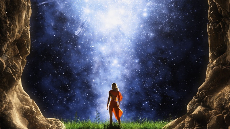 girl in light clothes, mountains, девушка в легкой одежде, stars, orange tunic, night, beam of light, lights, radiance, фантастический арт, fantastic art