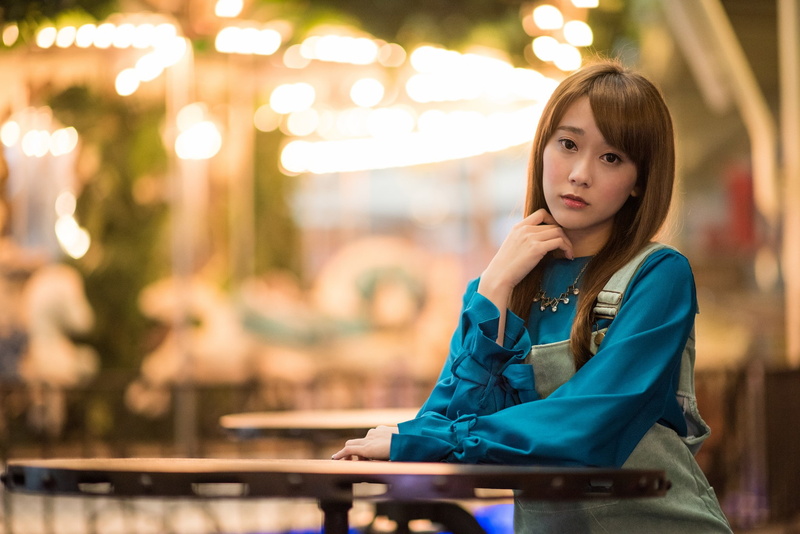 long hair, brunette, women, 1080P, portrait, overalls, Asian, thinking, sitting, blue shirt