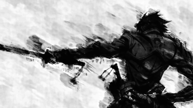 Toyohisa Shimazu, illustration, outdoors, Anime, silhouette, holding, domestic, representation, human representation, cloud - sky, sculpture, horse, no people
