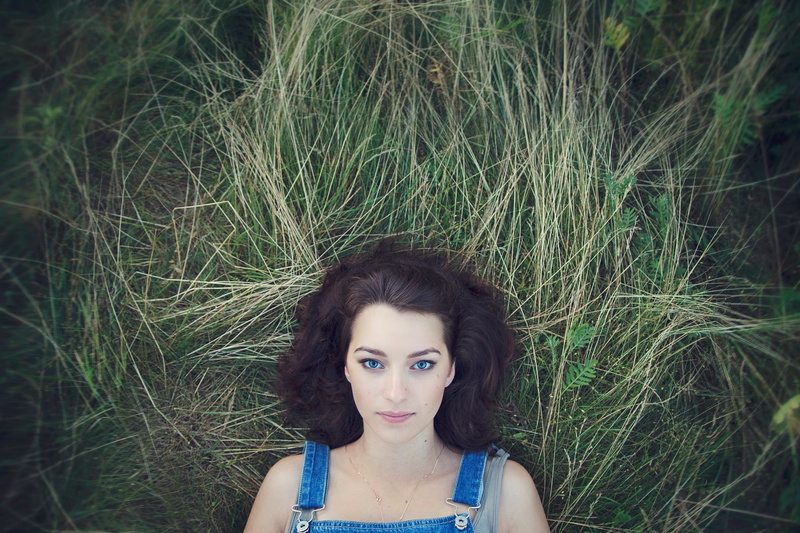 lying on back, grass, pale, women, 1080P, brunette, blue eyes, overalls, women outdoors