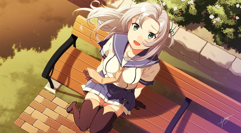 Kinugasa (KanColle), thigh-highs, grass, Kantai Collection, school uniform, bench, 1080P, white hair