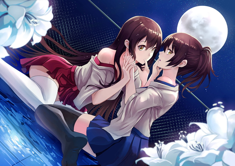 casual clothing, women, looking at camera, lifestyles, togetherness, Flower, Anime, blue, positive emotion, Skirt, three quarter length, 1080P, young adult
