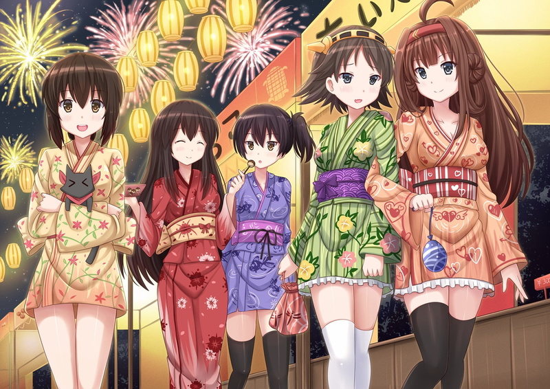akagi, anime, girls, fubuki, characters, hiei, 1080P, anime girls, 1920x1358, loli, kancolle, kongou, yukata, kaga