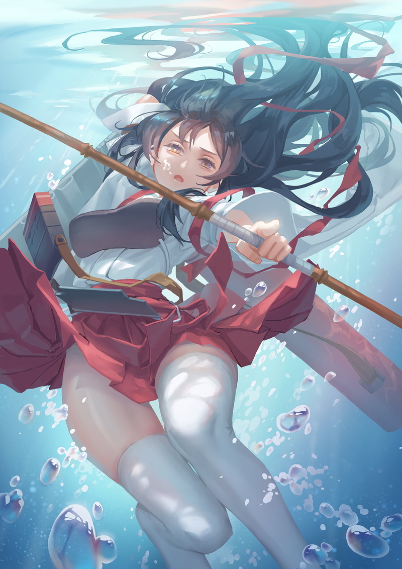 archer, underwater, miko, looking at viewer, long hair, anime, Kantai Collection, bubbles, Akagi (KanColle), digital art, vertical, thigh-highs, anime girls