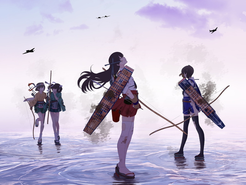 Souryuu (Kancolle), Kaga (Kancolle), Bow, Ocean, 1080P, Anime, Hiryuu (Kancolle), Kantai Collection, Akagi (Kancolle)