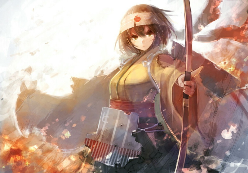 fire, weapon, hiryuu, bow, kantai, 720P, japanese, kancolle, collection, mondo, headband, hair, black, green, eyes, clothes