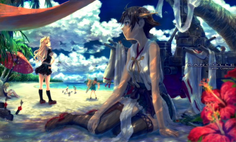 clouds, nature, adult, real people, shimakaze, people, sea, Anime, stage, outdoors, kantai collection, beach, swimming pool, 1080P, water, leisure activity