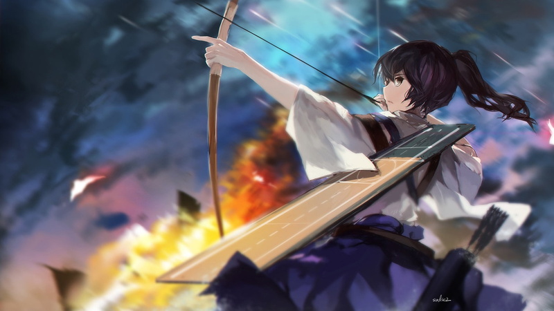 bow and arrow, anime, Kantai Collection, Kaga (KanColle), black hair, 720P, swd3e2, brown eyes, ponytail, bow, anime girls