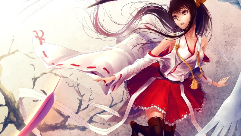 Kantai Collection, anime girls, Haruna (KanColle), long hair, shrine maidens, brunette, 1080P, open mouth, anime, looking away