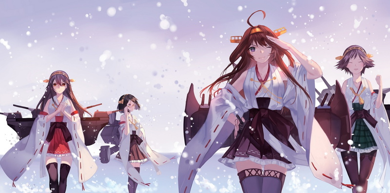 1080P, Hiei (KanColle), Haruna (KanColle), anime girls, Japanese clothes, skirt, anime, Kantai Collection, Kirishima (KanColle), Kongou (KanColle)