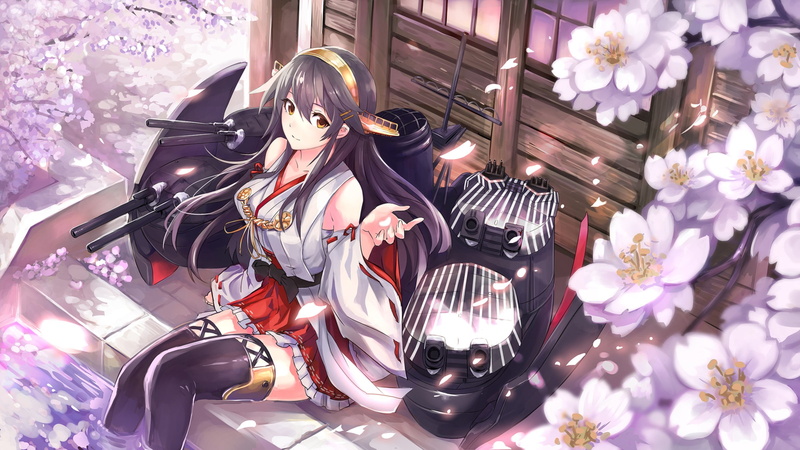 miko, Kantai Collection, long hair, Japanese clothes, anime, cherry blossom, thigh-highs, black hair, anime girls, 1080P, Haruna (KanColle)