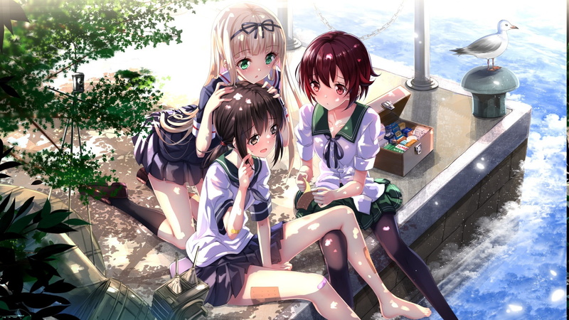 1080P, anime fubuki kancolle mutsuki kancolle yuudachi kancolle birds water sheet ribbon school uniform thigh highs band aid anime girls swordsouls kantai