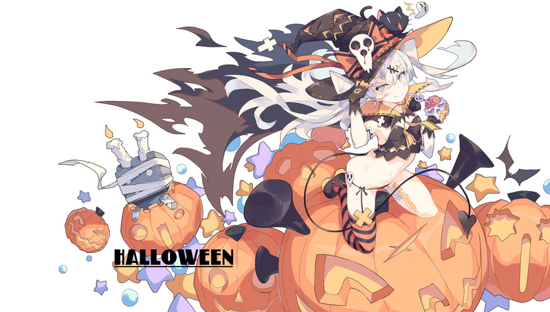 Kantai Collection, Amatsukaze (Kancolle), pumpkin, Rensouhou-chan, hat, white hair, thigh-highs, 2K, Halloween, long hair, cat, anthropomorphism, litsvn