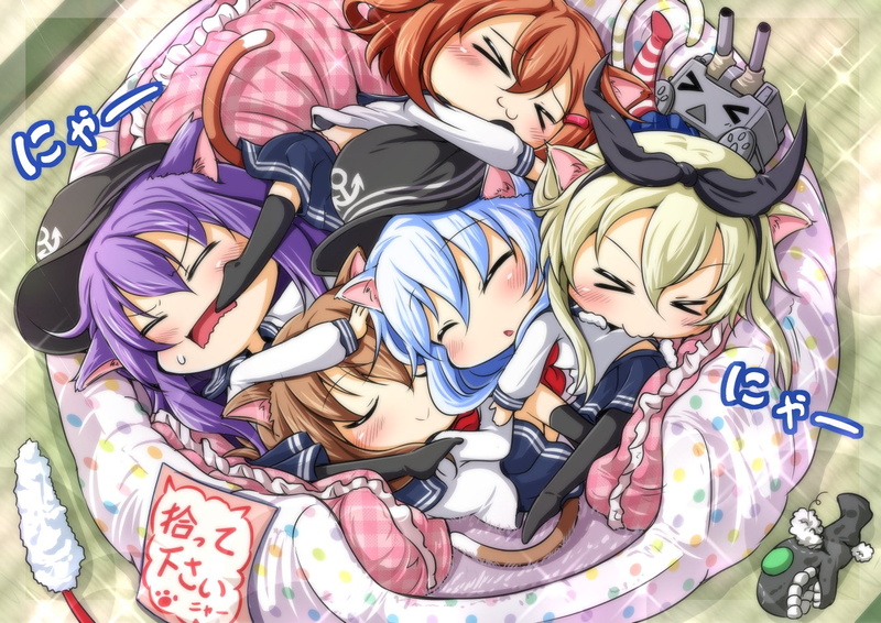 Akatsuki (KanColle), Chibi, Ikazuchi (Kancolle), bed, Anime, high angle view, Hat, Long Hair, Shimakaze (Kancolle), Robot, Brown Hair, abundance, Kantai Collection