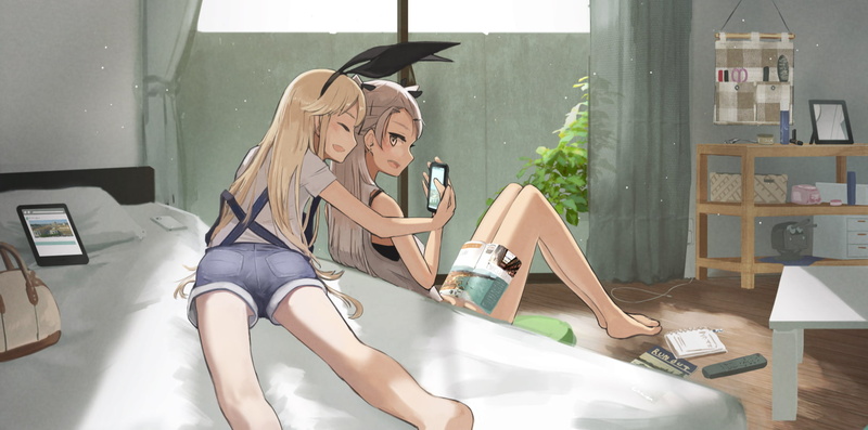 bunny ears, Kantai Collection, blonde, in bed, gray hair, open mouth, long hair, 720P, Amatsukaze (Kancolle), Shimakaze (Kancolle)