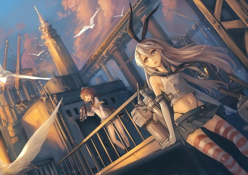Yukikaze (Kancolle), Binoculars, Girl, Shimakaze (Kancolle), Glove, Thigh Highs, Bird, Skirt, Smile, Anime, 1080P, Kantai Collection