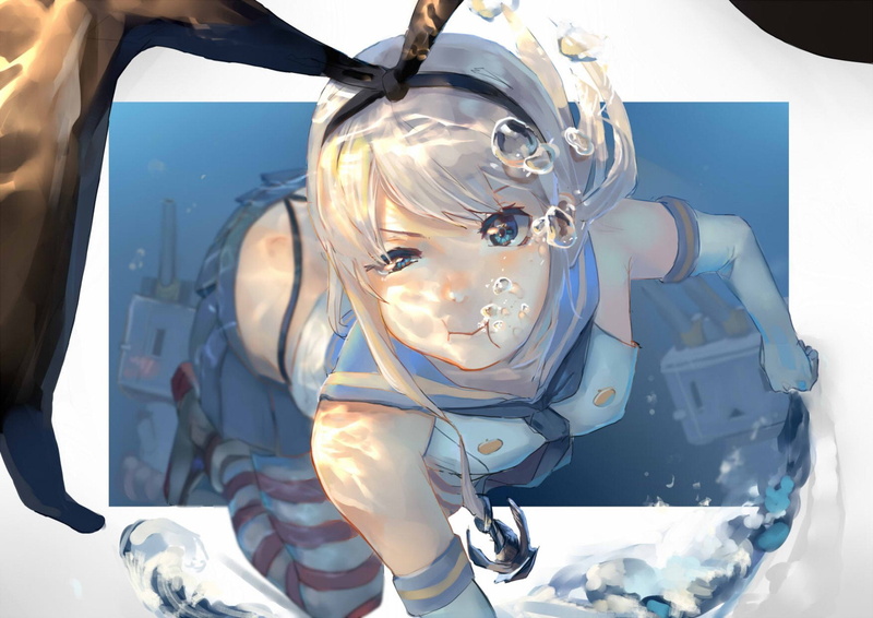 Shimakaze (Kancolle), 1080P, Kantai Collection, Underwater, Anime, Headband, White Hair, Girl, Blue Eyes