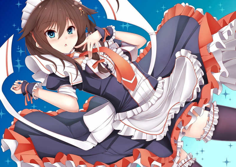 Shigure (KanColle), anime, 720P, Kantai Collection, thigh-highs, maid outfit, anime girls, brunette