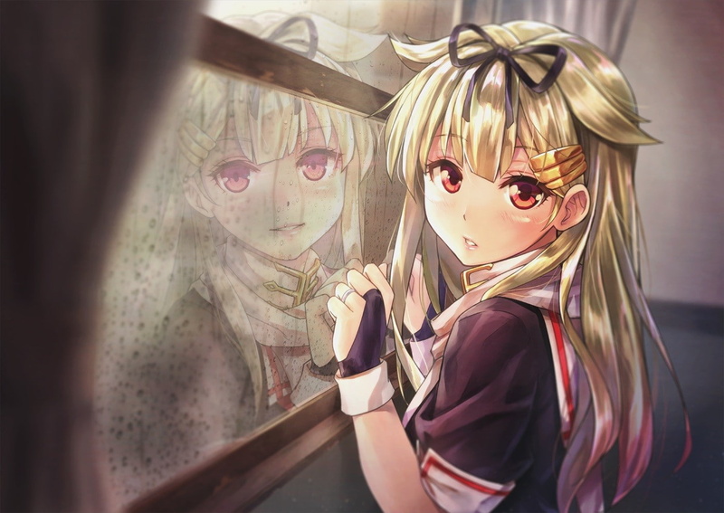 blonde, 720P, reflection, long hair, red eyes, school uniform, Yuudachi (KanColle), blushing, Kantai Collection