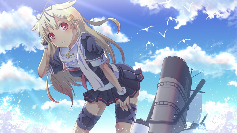 low angle view, blond hair, positive emotion, nature, blue, adventure, digital composite, fun, sunlight, emotion, adult, outdoors, day, 1080P, Yuudachi (Kancolle)