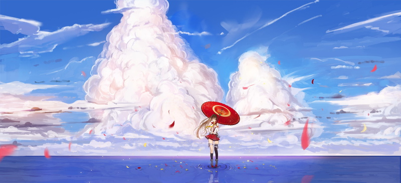 1080P, water, clouds, Kantai Collection, umbrella, Yamato (KanColle)