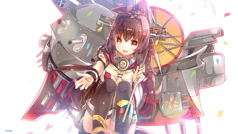 kantai collection, kancolle, highs, hair, anime girls, character, yamato, 720P, thigh-highs, collection, girls, kantai, brunette, female, thigh, anime