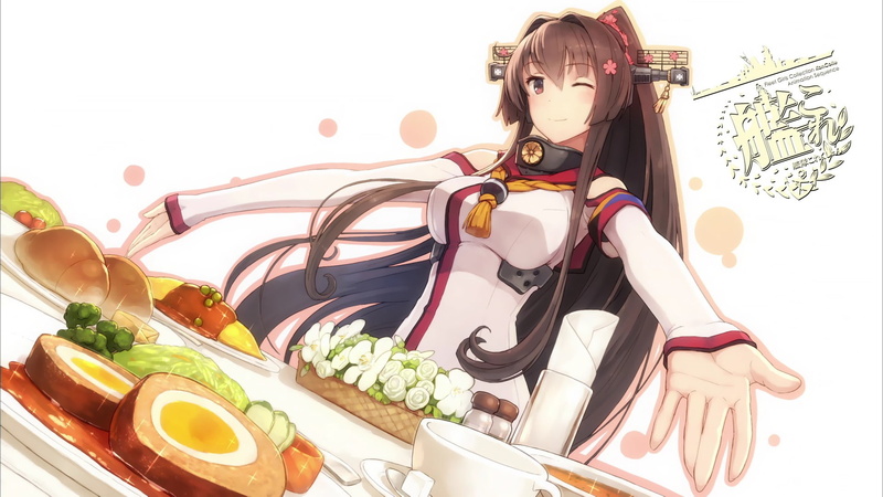food, Kantai Collection, anime girls, ponytail, Yamato (KanColle), 1080P, anime, winking
