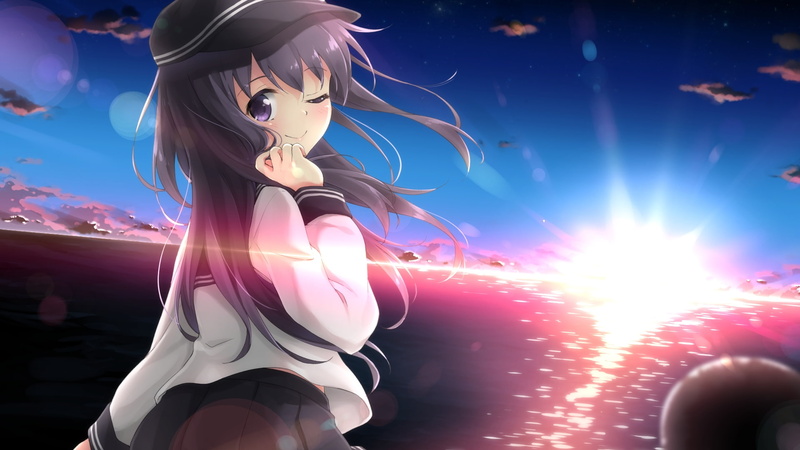 ocean, lifestyles, one person, three quarter length, nature, real people, Anime, akatsuki, sunset, side view, illuminated, bright, kantai collection, kancolle