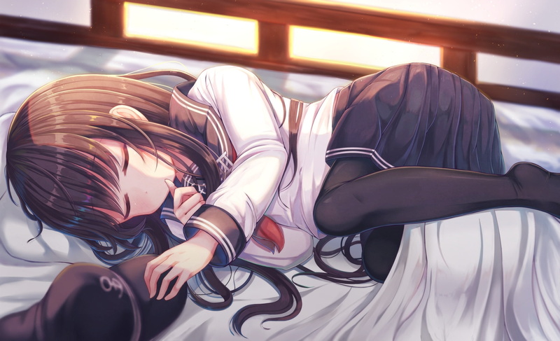 leather, clothing, akatsuki, casual clothing, real people, lifestyles, school uniform, indoors, leisure activity, sleeping, focus on foreground, kancolle