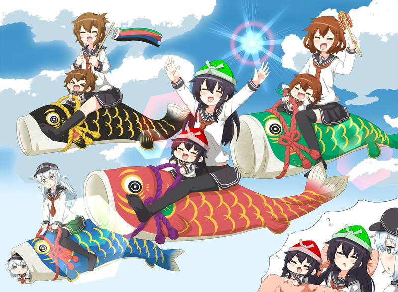 1080P, cloud - sky, people, Hibiki (Kancolle), smiling, happiness, men, leisure activity, women, Akatsuki (Naruto), Ikazuchi (Kancolle), nature, emotion