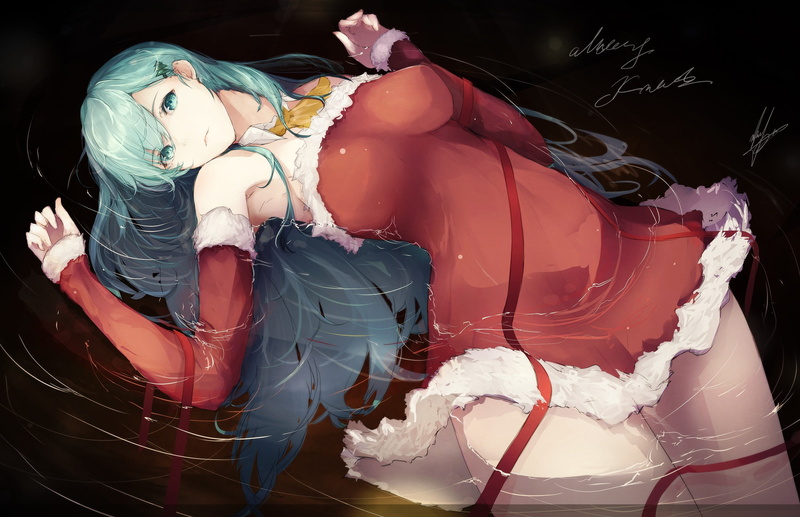 adult, people, dress, 2K, celebration, wearing, Suzuya (KanColle), red, ribbon, Santa costume, young women, anthropomorphism, festival, white color, real people