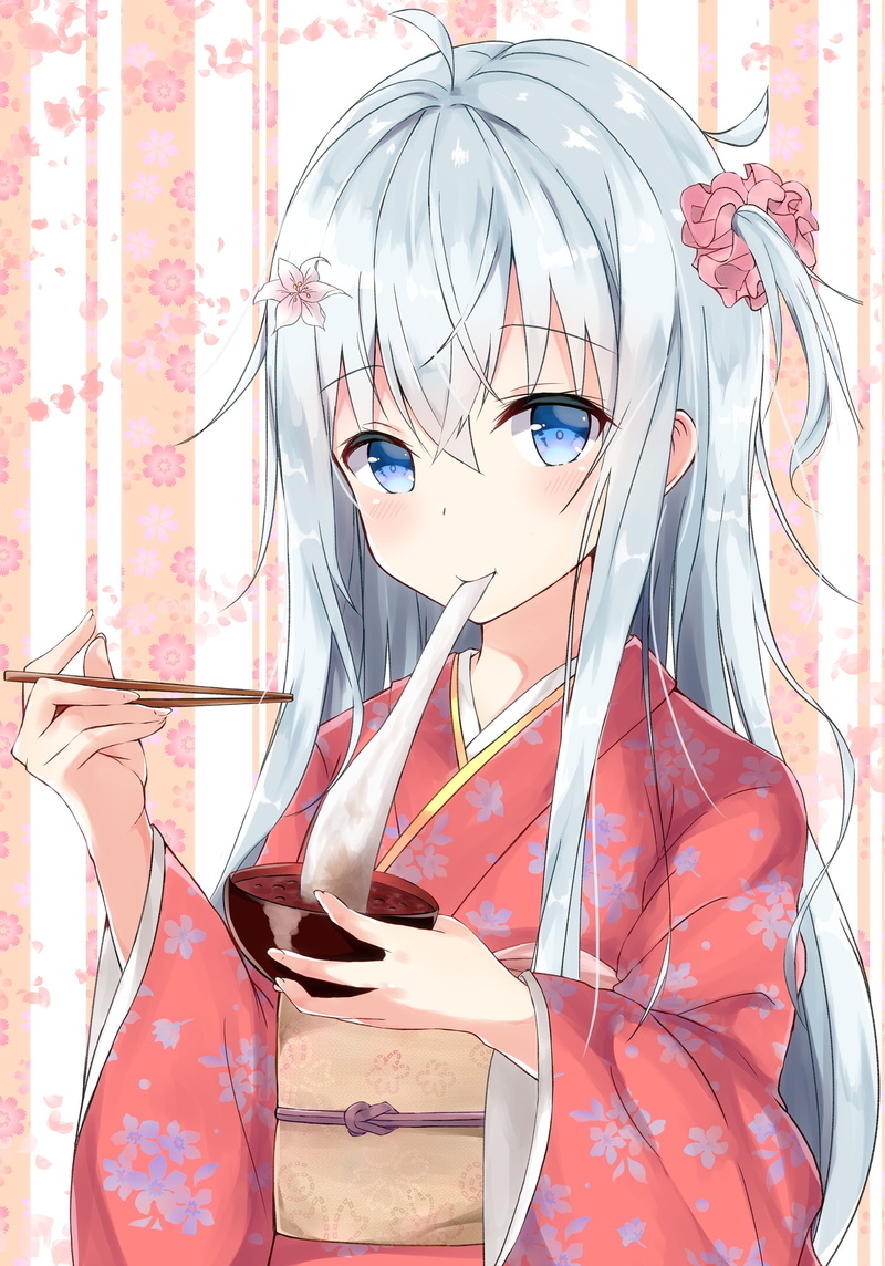 beauty, art and craft, gray, fashion, character, Kantai Collection, close-up, white hair, food, Hibiki(Kancolle), women, kimono, outdoors, female, wall - building feature