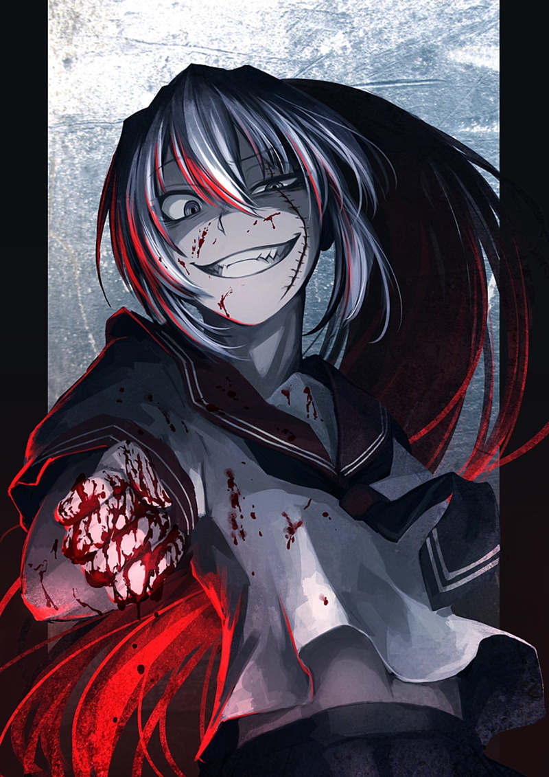 Hetza, paint, horror, anime girls, character, blood, fists, anime, nature, close-up, female, art and craft, fantasy, front view, Akuma no Riddle, illustration