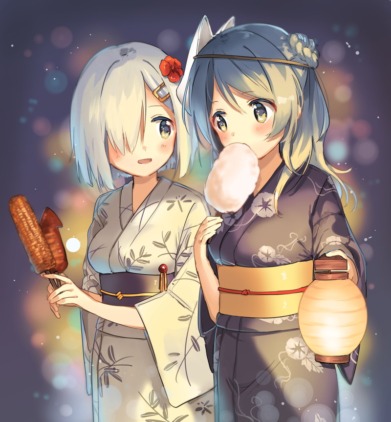 focus on foreground, nature, holding, anime girls, emotion, Kantai Collection, night, toy, people, yukata, long hair, anime, Urakaze (KanColle), sky, art and craft