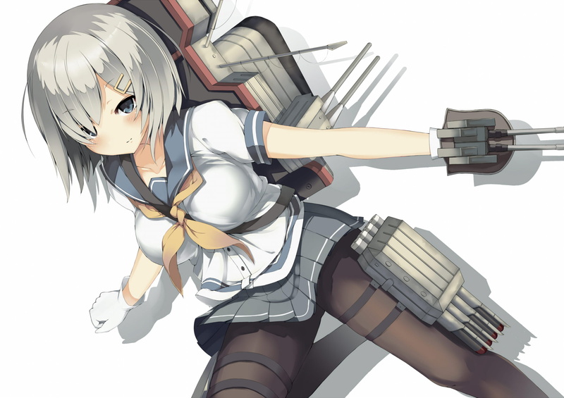 gloves, black stockings, still life, art and craft, futuristic, white background, silver colored, helmet, three quarter length, studio shot, Hamakaze (KanColle) 
