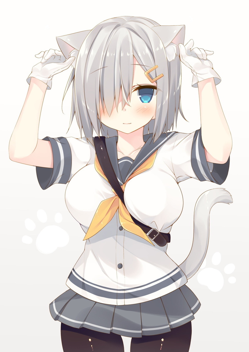 Kantai Collection, Hamakaze (KanColle), nekomimi, 1080P, anime, gray hair, short hair, blue eyes, anime girls, tail, animal ears