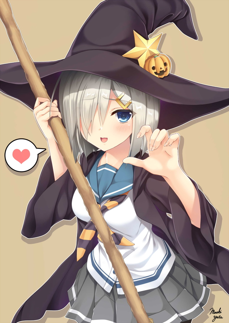 Halloween, anime girls, witch hat, Kantai Collection, gray hair, anime, short hair, 2K, Hamakaze (KanColle), skirt, blue eyes