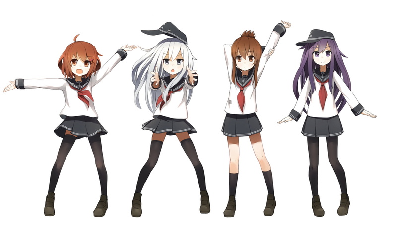 Skirt, Kantai Collection, Ikazuchi (Kancolle), Purple Hair, 1080P, Hat, Long Hair, Blush, Brown Eyes, Brown Hair, Blue Eyes, Inazuma (Kancolle), School Uniform