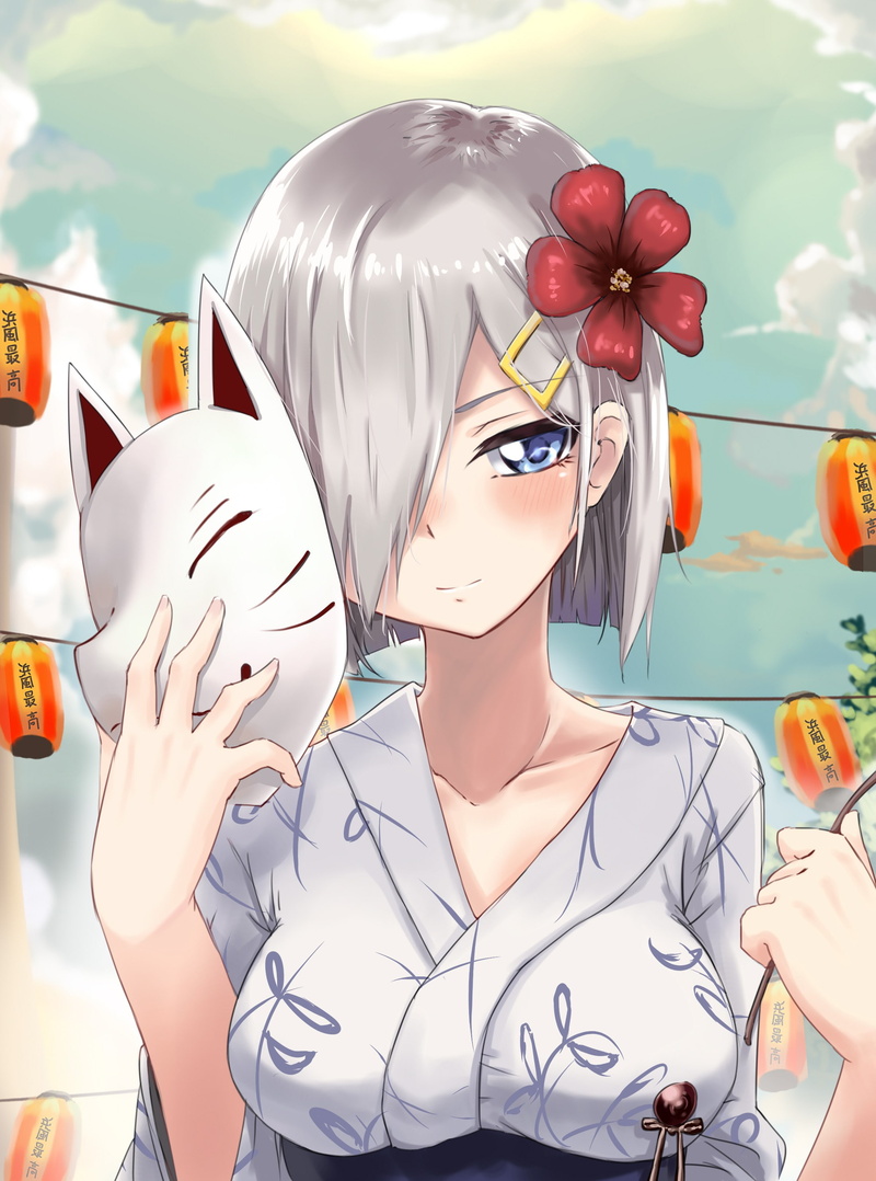 anime girls, Hamakaze (KanColle), gray hair, Japanese clothes, blue eyes, 2K, Kantai Collection, short hair, anime