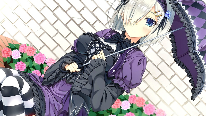 Kantai Collection, blonde, short hair, 1080P, anime girls, umbrella, Hamakaze (KanColle), looking at viewer, blue eyes, anime