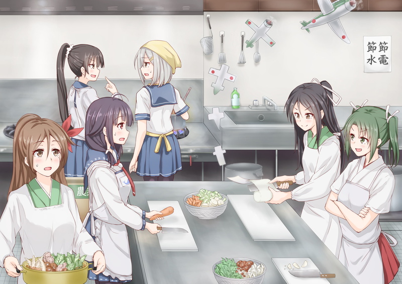 clothing, women, food, uniform, food and drink, people, group of people, indoors, kantai collection, men, occupation, females, kancolle, hamakaze, males