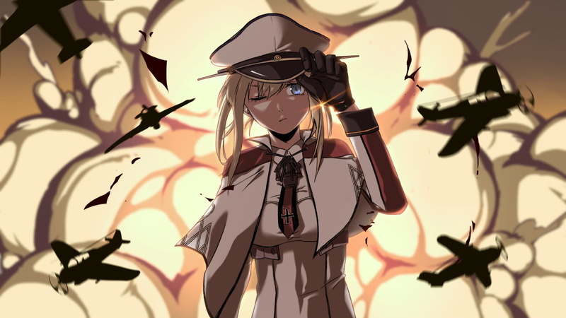 Uniform, Long Hair, Airplane, Explosion, Hat, Graf Zeppelin (Kancolle), Blue Eyes, 1080P, Wink, Anime, Blonde, Kantai Collection