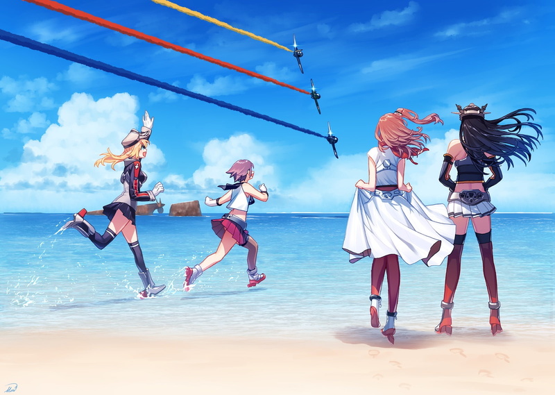 horizon over water, and, eugen, cloud - sky, saratoga, sea, (kancolle), sakawa, 262811, land, full length, real people, white, enjoyment, beach, people